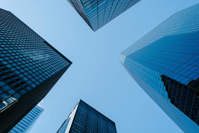 skyscrapers with reflecting walls in modern megapolis